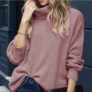 Pink Turtleneck Sweater with Accent Buttons